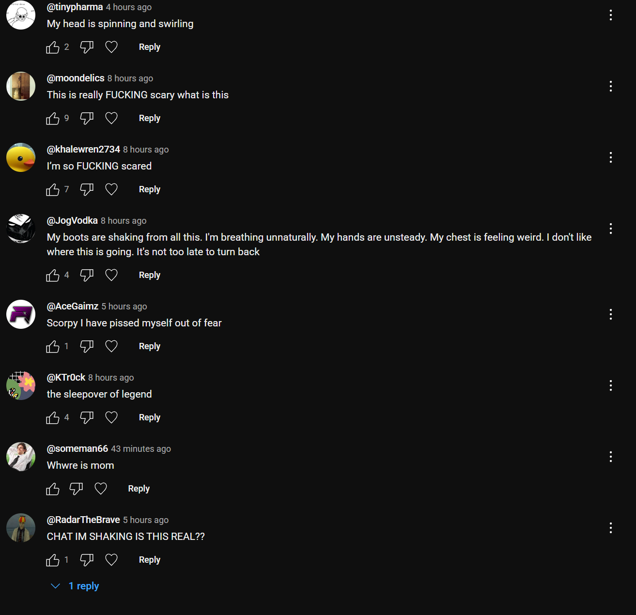 <small>tinypharma: My head is spinning and swirling, moondelics: This is really FUCKING scary what is this, khalewren2734: I'm so FUCKING scared, JodVodka: My boots are chaking from all this. I'm breathing unnaturally. My hands are unsteady. My chest is feeling weird. I don't like where this is going. It's not too late to turn back, AceGaimz: Scorpy I have pissed myself out of fear, KTr0ck: the sleepover of legend, someman66: Whwre is mom, RadarTheBrave: CHAT IM SHAKING IS THIS REAL??